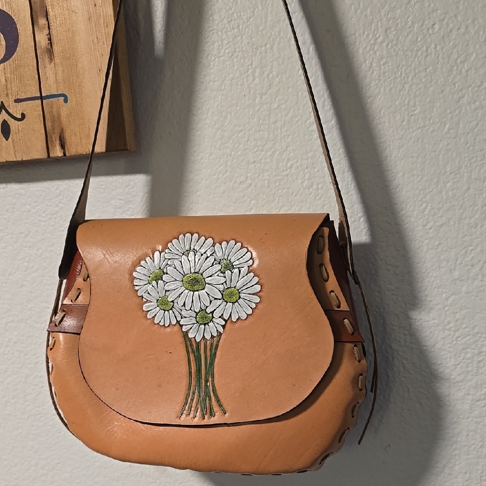 Floral Tan Leather Shoulder Bag